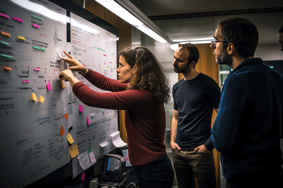 Researchers around whiteboard covered with notes diagrams deep discussion teams interaction.