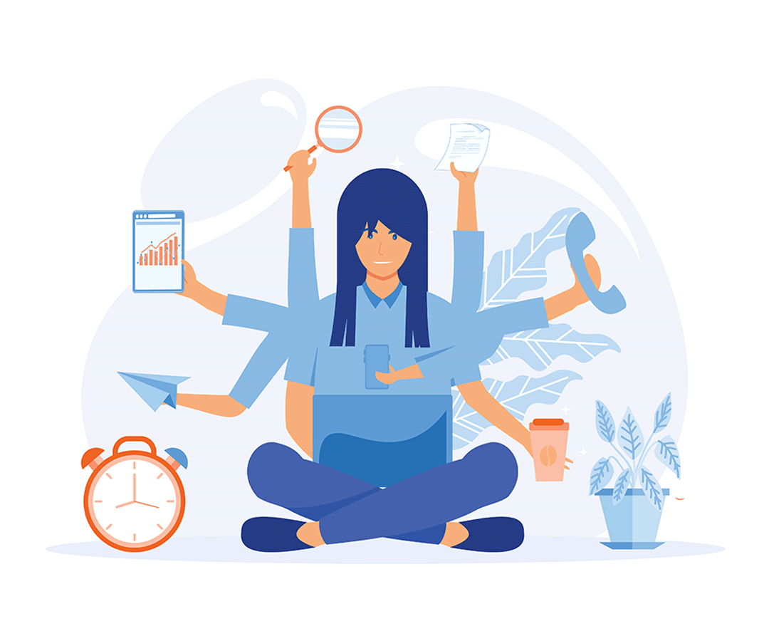 Image of a woman multitasking time management concept businesswoman practicing meditation.