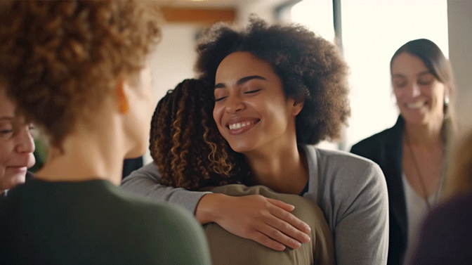 Sympathetic female counselor embracing female patient during a group therapy session